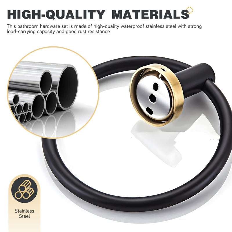 Bathroom Hardware Set 3 Piece Black&Gold Wall Mounted Stainless Steel Hardware Towel Bar Set Gold Bathroom Accessories Towel Rack Set Kit Includes Hand Towel Ring, Toilet Paper Holder, Robe Hook 3-piece Style 1