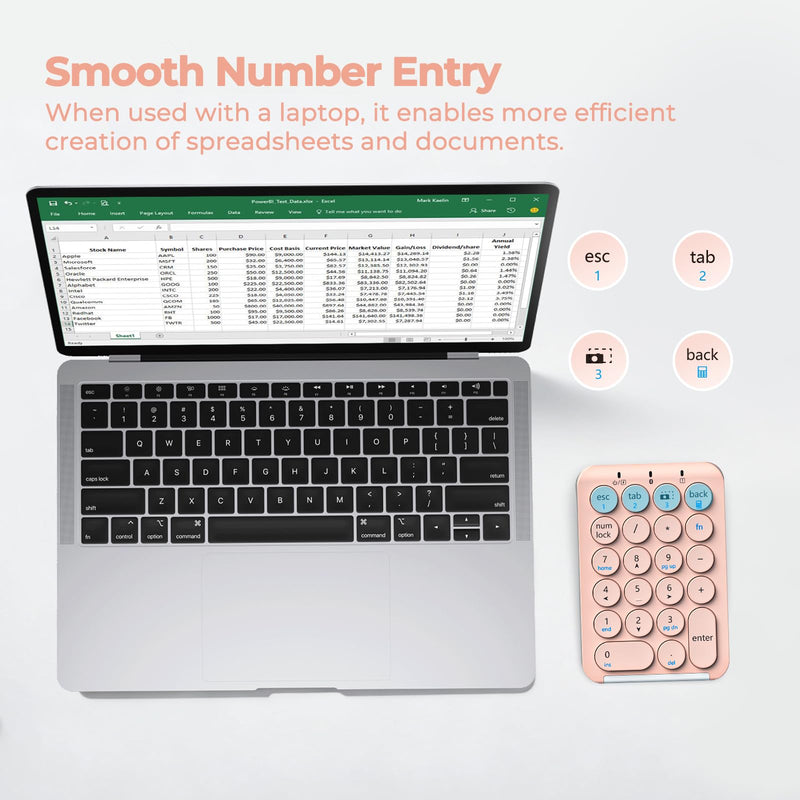 iClever Bluetooth Number Pad, Portable 22-Key Wireless Numeric Keypad, Pink | 3-Device Switching, Round Keys, USB-C Rechargeable, Custom Shortcut Stickers, Mini Numpad for MacBook, Laptop, PC & Surface