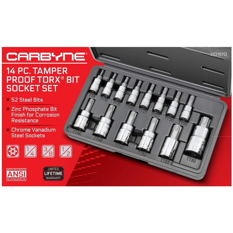CARBYNE 14-Piece Tamper Proof Torx Bit Socket Set, Security Torx TT8 to TT60, S2 Steel Bits, CrV Sockets, 1/4 in. 3/8 in. 1/2 in. Drive, Durable Case, Genuine Licensed Torx