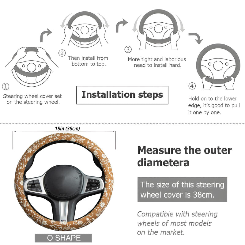 Brown Japanese Style Flower Steering Wheel Cover Auto Embroidery Steering Wheel Protector, Anti-Slip, Breathable, Absorbing Sweat, Universal Car Accessories 14.5–15 inch,Fit for Most Car, Trucks, SUV Brown Japanese Style Flower JQ 15 inch