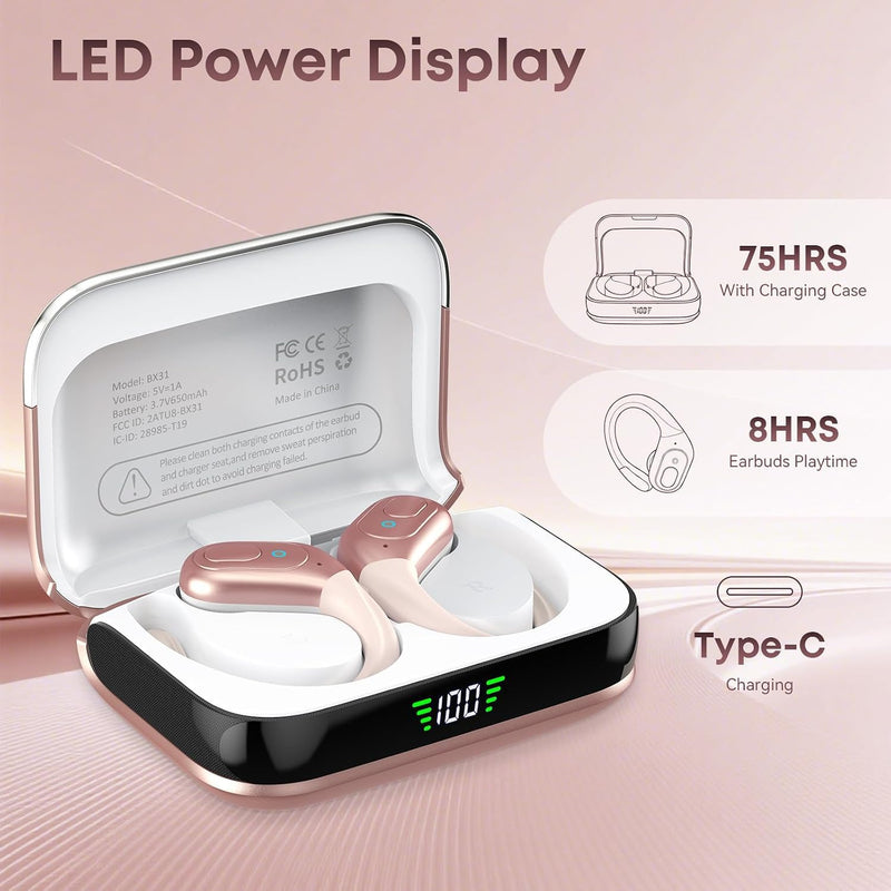 sajawass Wireless Earbuds Bluetooth 5.4 Headphones, IPX7 Waterproof Earphones, Over-Ear Earphones, Noise Canceling Ear Buds with 75hr Playtime, LED Power Display for Sports/Workouts - Rose Gold