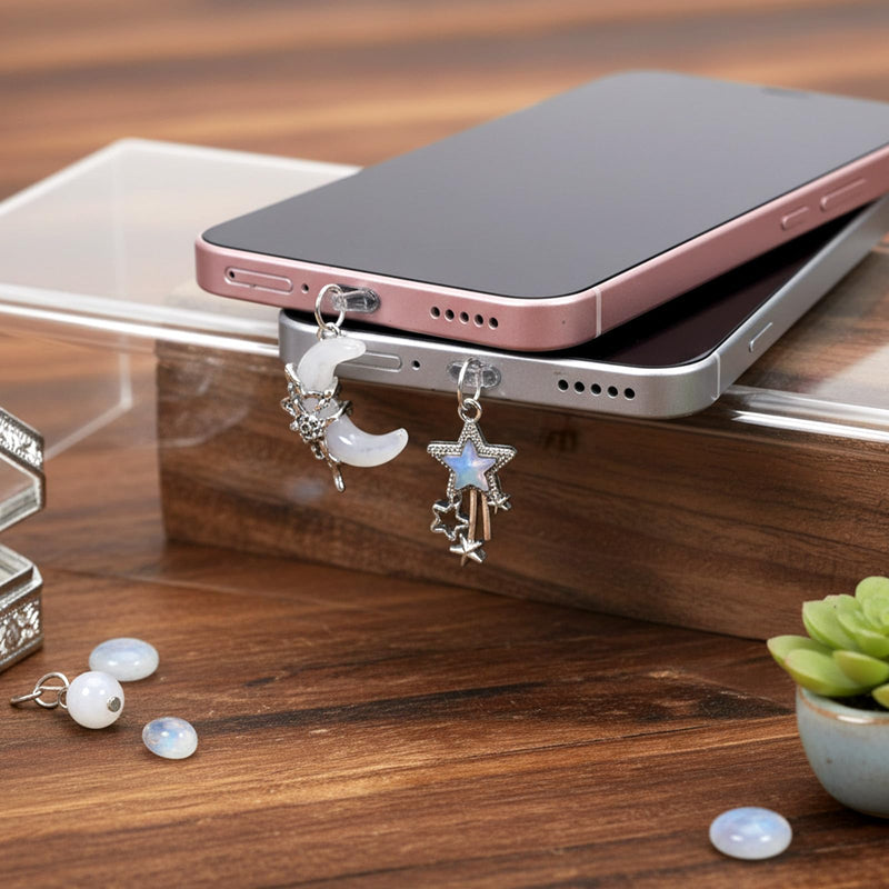 6 Pcs Dust Plug Charm, Silver Aesthetic Moon Star Butterfly Design Dust Plug Charms Compatible with Phone Type C/USB C Charging Port
