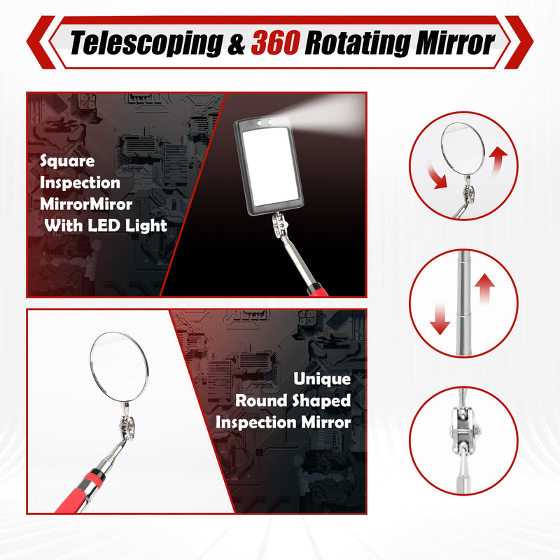 TOOLEAGUE 7Pcs Telescoping Magnetic Pickup Tool Set, Extendable LED Flashlight,Round & Square 360° Inspection Mirror for Men Mechanics, and Handymen, Red 7 7 pcs