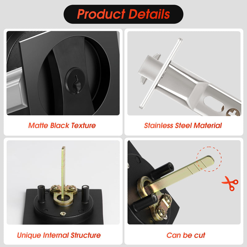 Square Door Hardware - Sliding Pocket Door Lock with Key, Flush Latch for Bed/Bath, Matte Black, 2-3/8" Backset Square Entrance