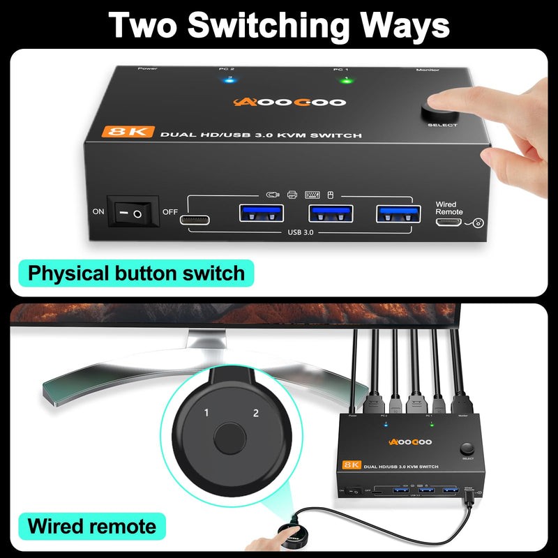 KVM Switch 2 Monitors 2 Computers 8K@60Hz/4K120Hz,HDMI USB3.0 Dual Monitors KVM Switches with 4 USB 3.0 Port,Wired Remote,USB3.0 Cables Included(8K 2 PC 2 Monitor KVM) 8K 2 PC 2 Monitor KVM