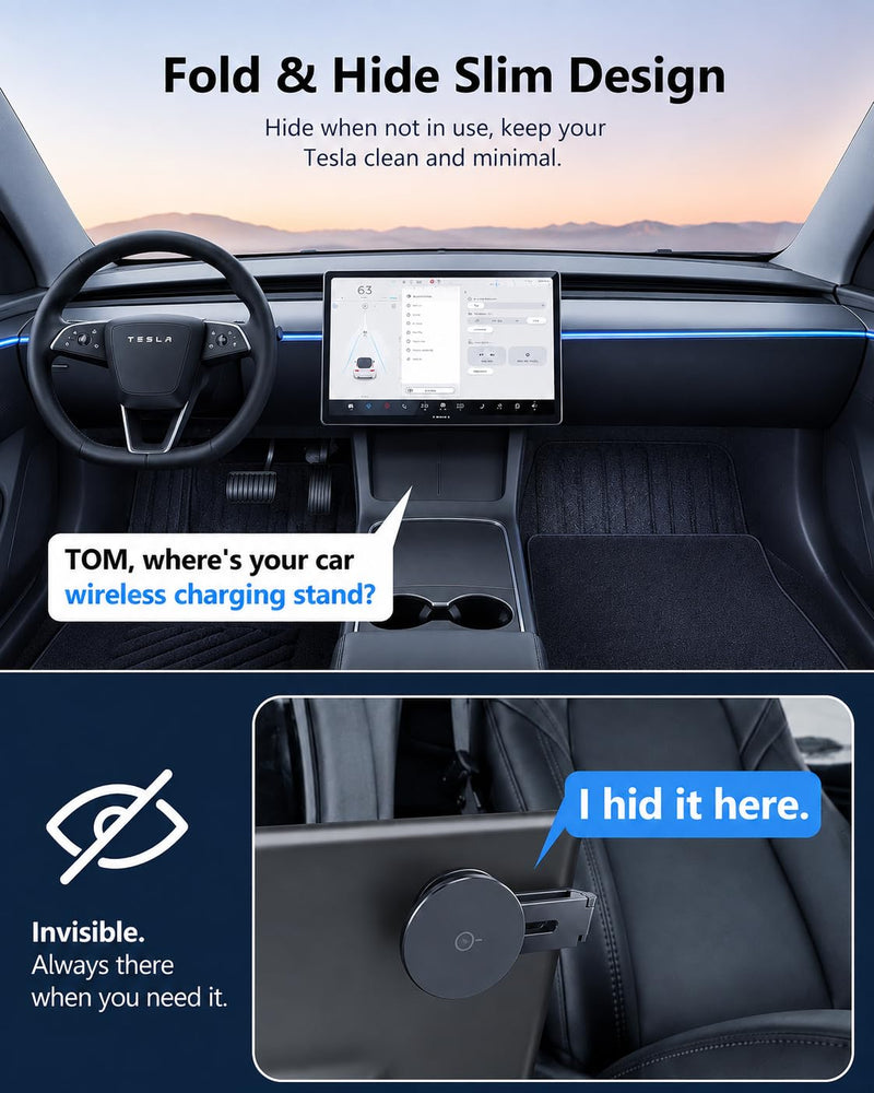 Tesla Phone Mount for Magsafe: Tesla Car Phone Holder for Tesla Model 3/Y Accessories 【Strongest N52 Magnet + 360° Adjustable】 Foldable Hidden Car Mount Magnetic iPhone & Android