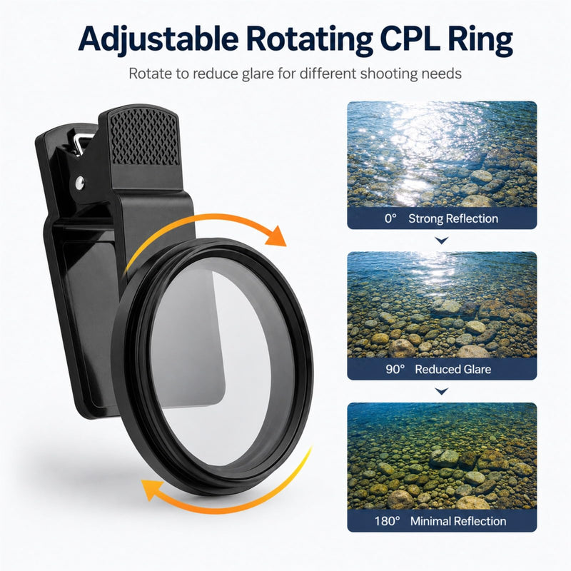 CPL Phone Polarizing Lens Filter, Rotating Camera Clip-On Lens for Reducing Glare on Water, Glass & Plants Photography
