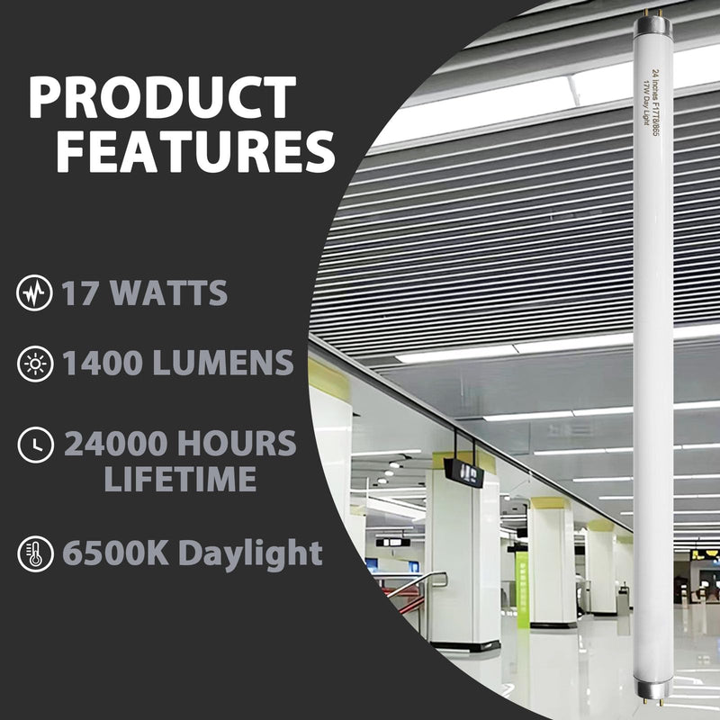 Konideke 24 Inch F17T8/865 Fluorescent Bulb Daylight 6500K, 17 Watt T8 Light Bulb, 2 Foot Fluorescent Light Bulb, 1460 lumens, G13 Medium Bi-Pin Cap 8 Pack