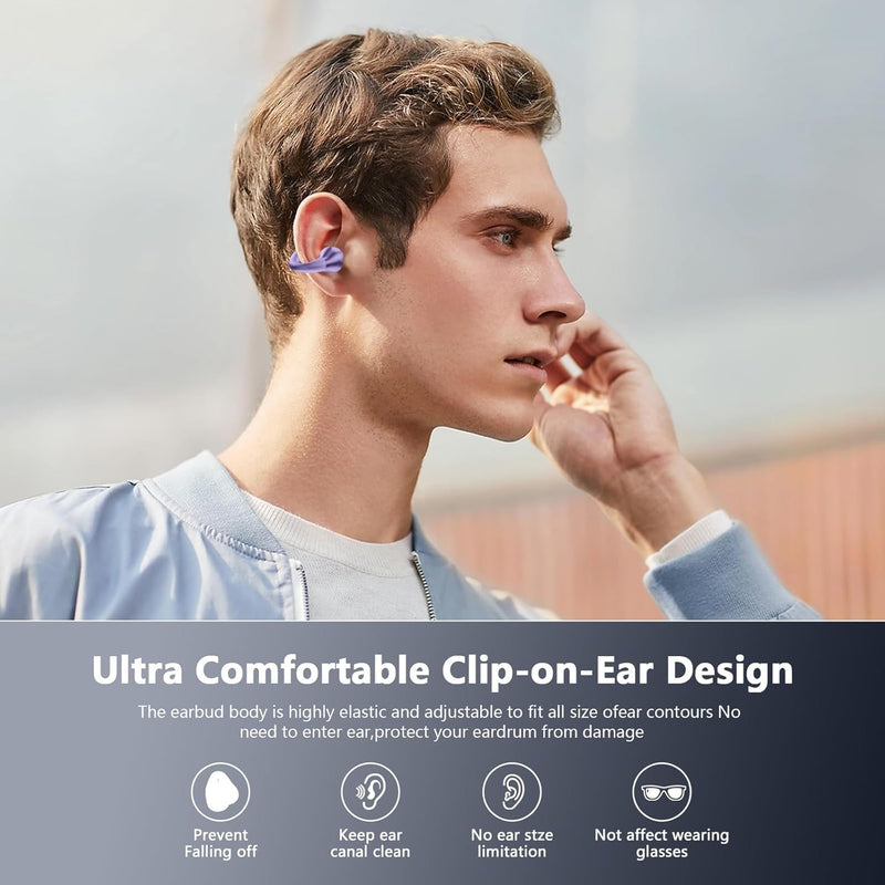 Comfort Clip On Earbuds, Bluetooth 6.1 Open Ear Bone Conduction Headphones, with Digital Display Charging Case Sport Earphones Built-in Mic Waterproof for Running Fitness Exercise, Violet
