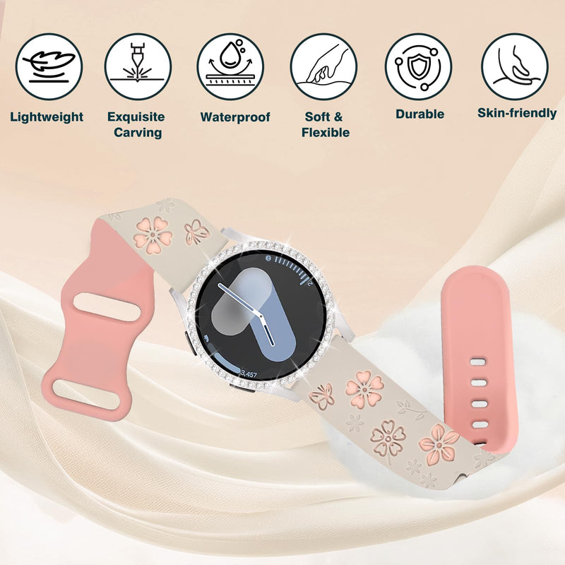 2-in-1Floral Engraved Band Rhinestone Bezel Case for Samsung Galaxy Watch 7 | Flower Soft Silicone Watch Strap Sparkly Diamond Bumper PC Protective Cover for Women Waterproof Sport Replacement Wristband Starlight Case + Starlight&Pink Band