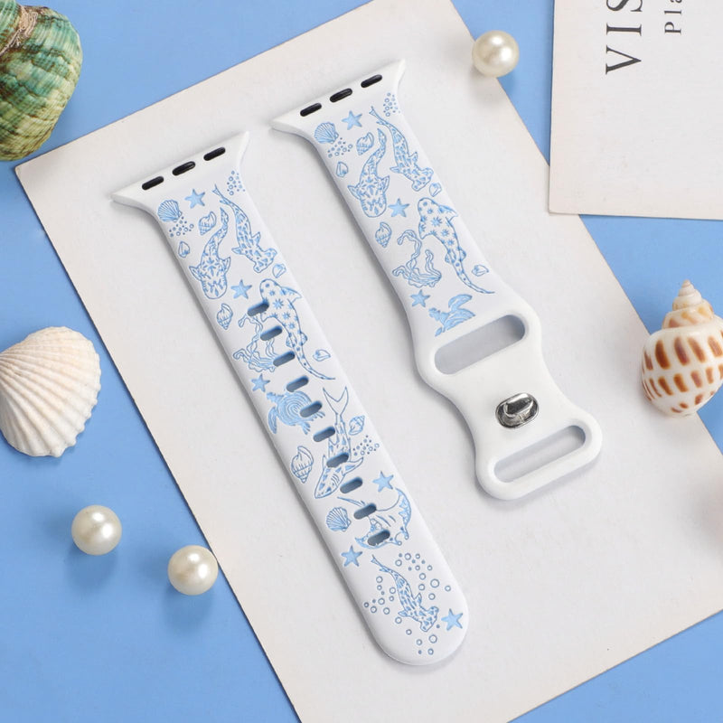 Engraved Shark Double Color Silicone Band Compatible with Apple Watch 38mm 40mm 41mm 42mm 44mm 45mm 46mm 49mm Cute Fancy Laser Sport Strap Compatible for iWatch Series SE Ultra 11 10 9 8 7 6 5 4 3 2 1 White/Blue 38mm/40mm/41mm/42mm(Series 11 10)