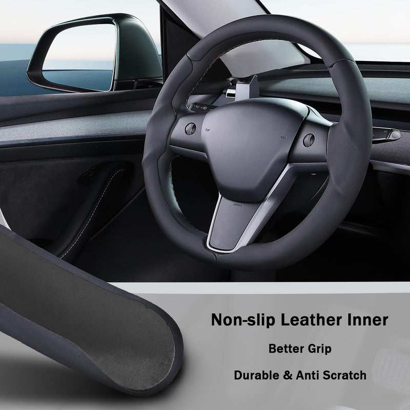  [AUSTRALIA] - Steering Wheel Cover for 2017-2023 Tesla Model 3 2020-2024 Tesla Model Y, Leather Steering Wheel Cover for Tesla Model 3/Y Accessories, Black Black L Model 3 2017-2023/ Model Y 2020-2024