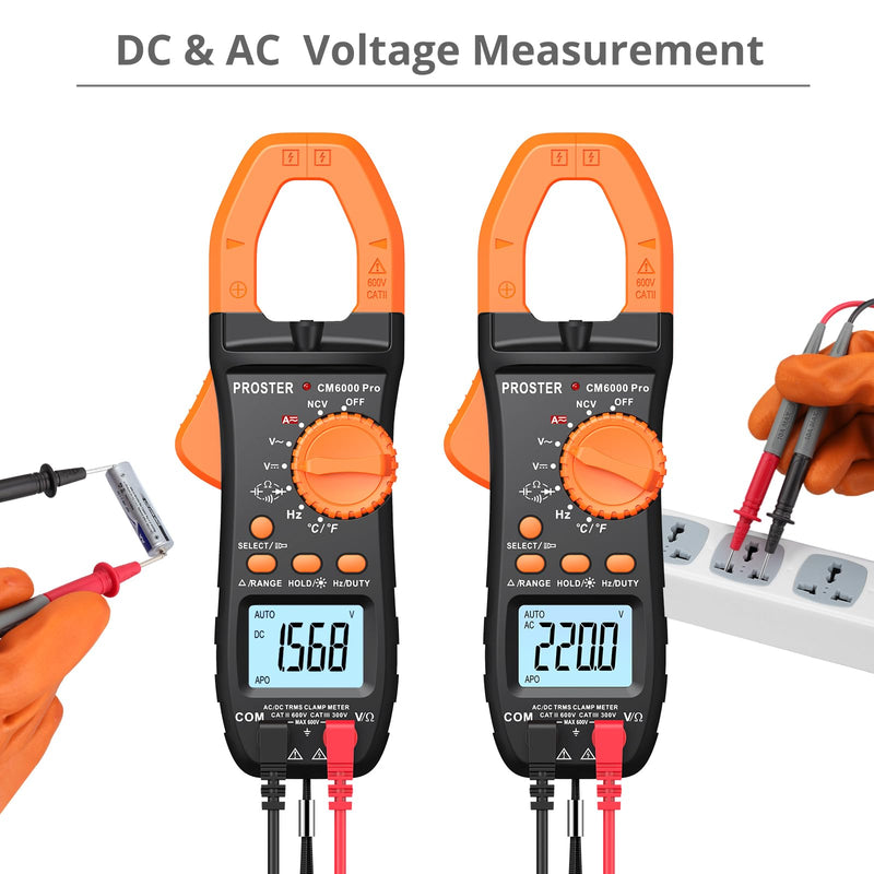 Proster Digital Clamp Meter 6000 Count - 800A DC AC Current Ammeters AC/DC Voltage Multimter, TRMS NCV Continuity Capacitance Resistance Frequency Diode Hz Tester, with Test Leads, Alligator Clips Black 6000Counts