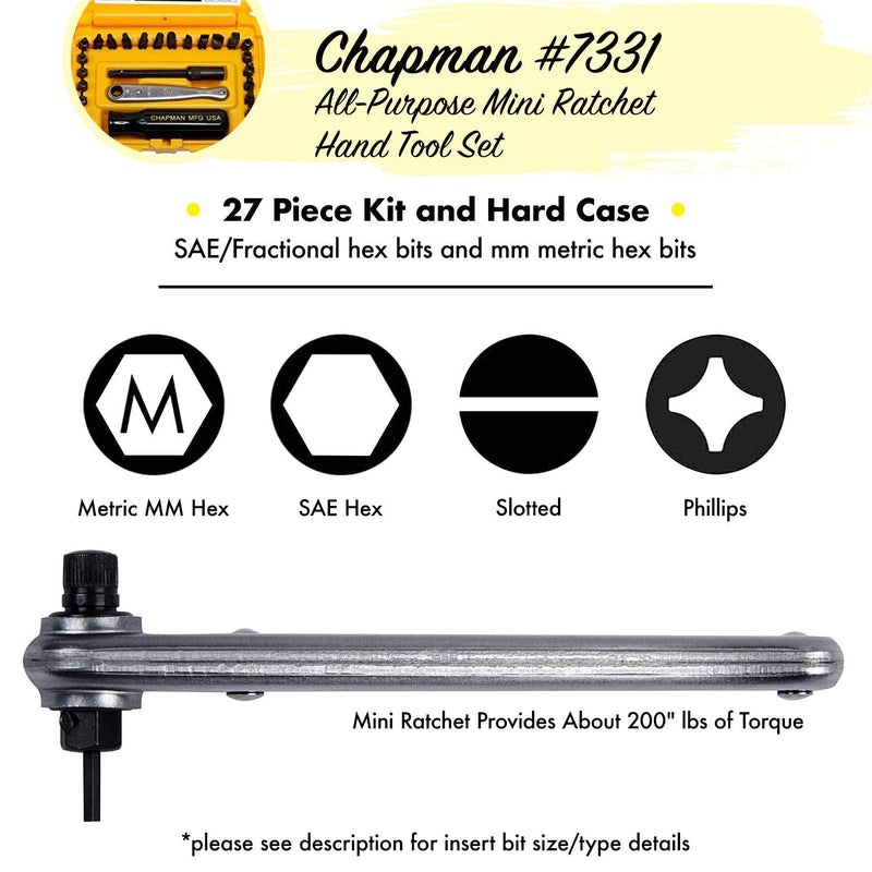 Chapman MFG 7331 All-Purpose Standard Screwdriver Set - Includes Phillips, SAE Allen Hex & Slotted/Flathead Bits - Complete Set Offers 24 USA Made Insert Bits + Mini Ratchet Hand Tool (Yellow Case)