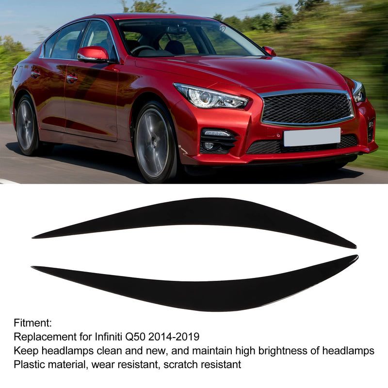 Glossy Black Headlight Cover Eye lid Eyebrows, Pair Headlight Eyelid Headlamp Eyebrow Strip Trim Compatible with Infiniti Q50 2014-2019