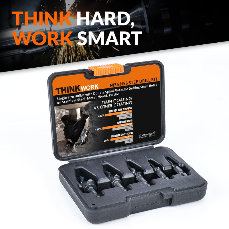 THINKWORK M35 Cobalt Spiral Flute Step Drill Bit Set, 5 Pcs Single Size HSS Step Bits (1/8"-3/4"), Small Size EDC Unibit with 1/4" Shank Step Bits for Metal, Aluminum, Steel, Wood Plastic (1/8"-3/4")5Pcs
