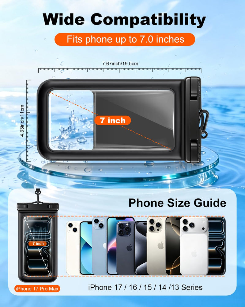 Floating Waterproof Phone Pouch 2 Pack, IP68 Dry Bag Up to 7.0" | Waterproof Phone Case fits All Smartphones, Floats in Water, Clear Underwater Shots for Beach Snorkel Cruise Kayak 7.0 inch