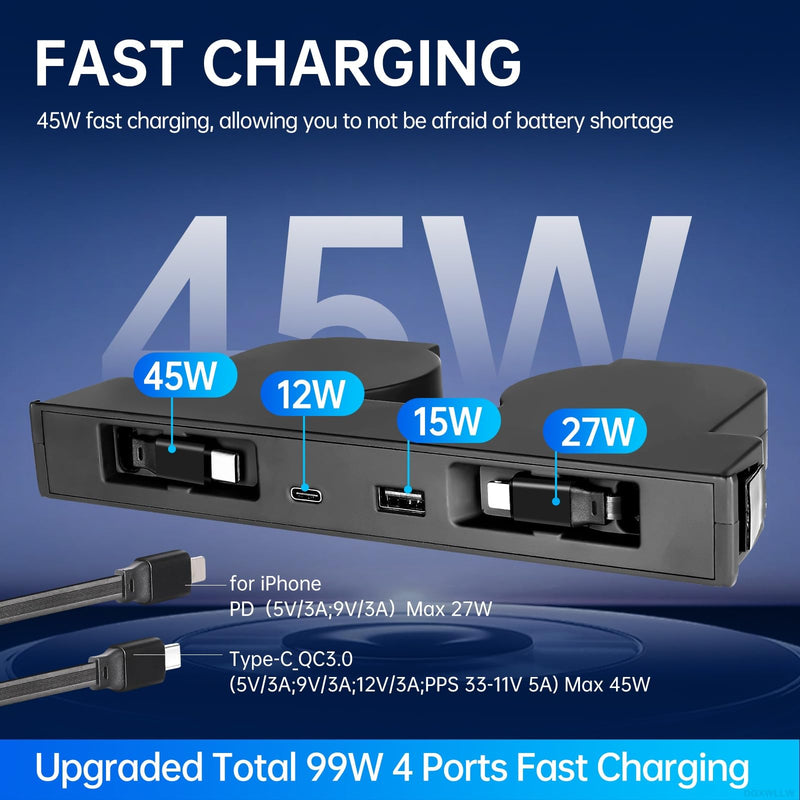 USB Hub for Tesla Model Y Juniper 2025 2026 Model 3 Highland 2024 2025 with Sunken Design, 99W 4 in 1 Multi Ports Fast Charger with Retractable Cable Docking Station fit Center Console Adapter