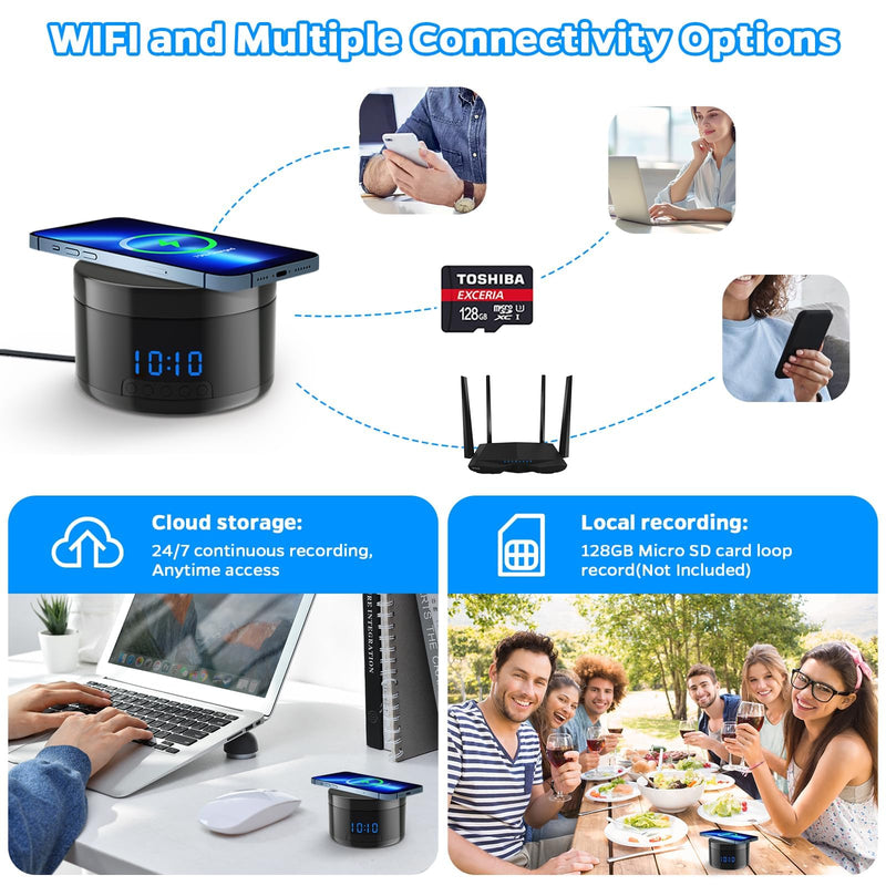 Indoor Camera with Clock and Wireless Charging, 1080P WiFi Cameras for Home, Security Camera with Motion Detection, Night Vision, Local & Cloud Storage,with APP (Black) Black