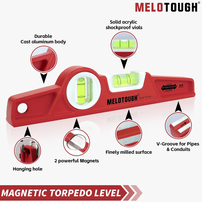 MELOTOUGH 10 Inch Die-Cast Magnetic Torpedo Level,Magnetic Level for Carpenter,Construction,Scaffolding, Plumbing Torpedo Level with Rare Earth Magnet,Pencil and Holster,Red,2PCS Red-2PCS