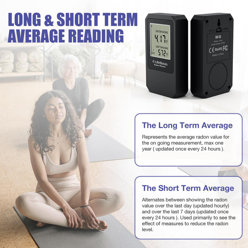 LifeBasis Radon Detector, Radon Test for Home with Long and Short Term Radon Meter, Home Radon Gas Monitor US Version-pCi/L (Update Version, Matte Black)
