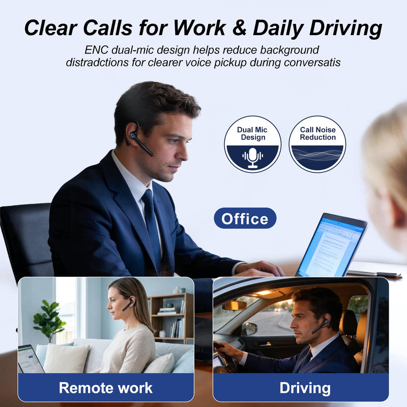 ONE LIFE Bluetooth Headset with Microphone, Bluetooth Earpiece for Work, Wireless Headset with Mic, 15H Talk Time, 500mAh Charging Case, Bluetooth 5.3, LED Display for Office, Laptop, Phone, Driving Black