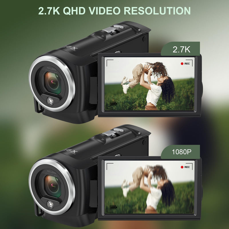 2.7K Video Camera QHD 56MP Camcorder 16X Digital Zoom | Vlogging Cameras for YouTube 270 Degree Rotation Screen Camcorders Webcam with 16G SD Card and 2 Batteries Black