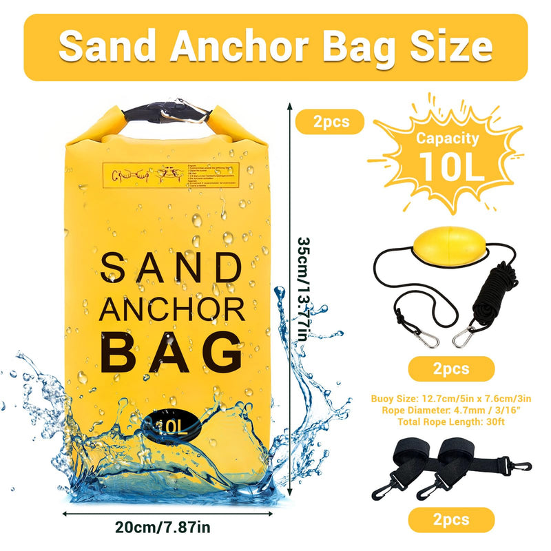 2 Pack Sand Anchor Bag, 10L Waterproof Sand Bag Anchor kit for PWC, Jetski, Kayak, Paddle Board, Small Boats, Beach - Includes 2Pcs Anchor Bag, 2Pcs 30ft Anchor Rope, 2Pcs Adjustable Buoy