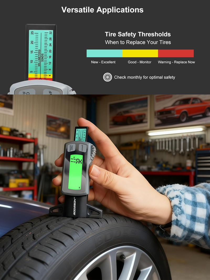 GODESON Tire Tread Depth Gauge,Rechargeable Digital Tire Depth Gauge - USB-C,3-Unit Switch (mm/Decimal/Fraction Inch), Backlit LCD Display, Auto Power Off, 0-32NDS for Car/SUV/Truck Wear Measurement