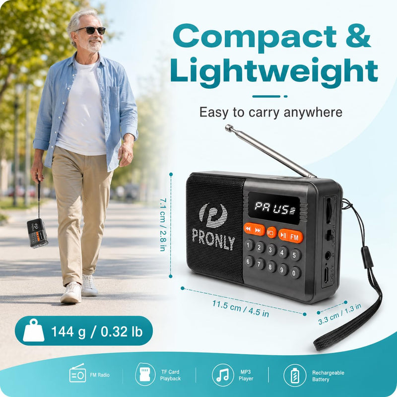FM Radio, Digital FM Radio with Bluetooth, USB-C Rechargeable Small Portable Radio, TF Card/U Disk Playback, LED Display, PR-808BT for Home Bedroom Kitchen, Black