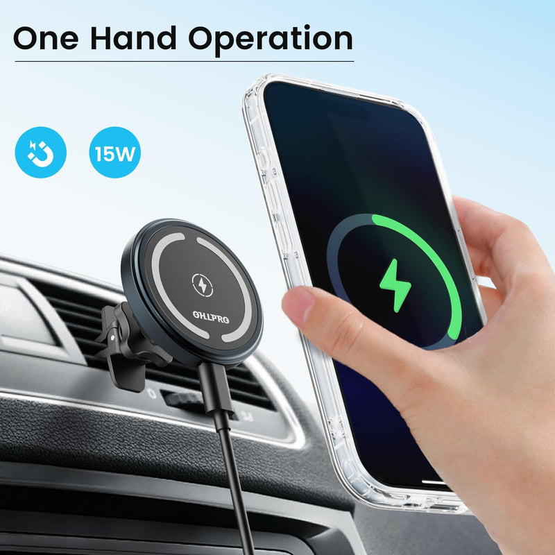 OHLPRO for MagSafe Car Mount Charger iPhone Wireless Car Charger, Stick on Dashboard Magnetic Phone Holder Mount for iPhone 17 Pro Max 16 15 14 Series, 15W Fast Charging, Aluminum Shell Black