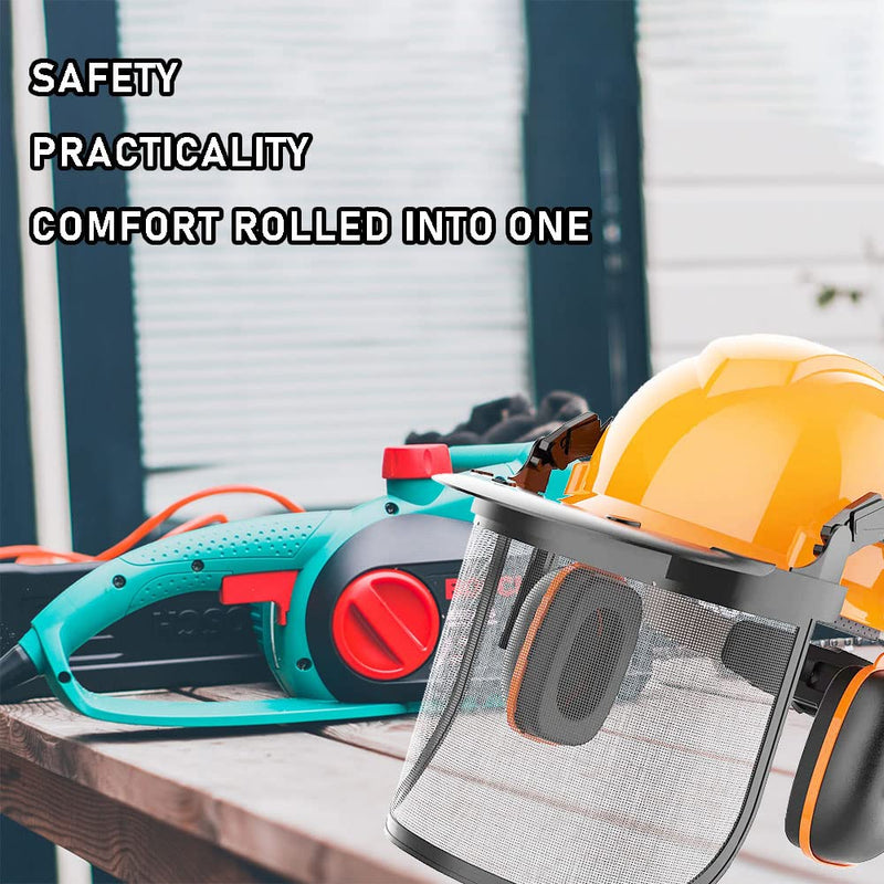 GardenPal Industrial Forestry Safety Helmet and Hearing Protection System, with Mesh Face Protection, Safety Helmet with Ear Muffs, Chainsaw Helmet, Chainsaw Face Shield, (Orange)