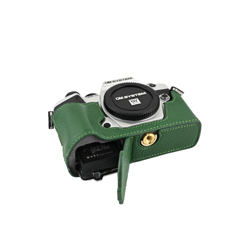 OM-5 Mark II Case, Litchi Handmade Genuine Real Leather Half Camera Case Bag Cover for Olympus System OM-5 Mark II Bottom Opening Version + Neck Strap (Green) Green