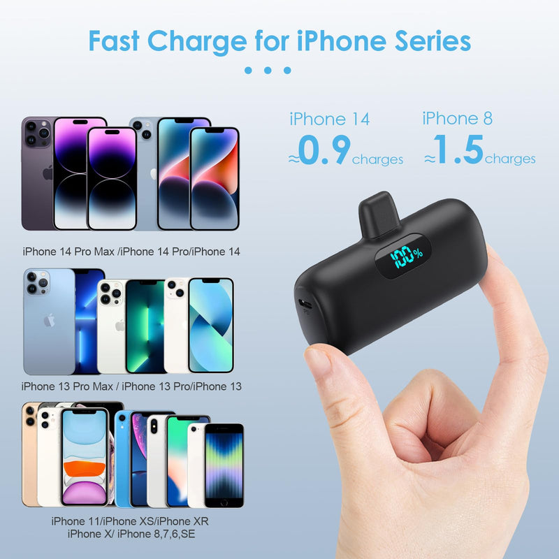 Small Portable Charger for iPhone,Upgraded 5000mAh PD Fast Charging Power Bank,Mini Battery Pack Backup Charger Compatible with iPhone 14/14 Pro Max/13/13 Pro/12 Pro/11/XS/XR/X/8/7/6 etc-Black A-Black