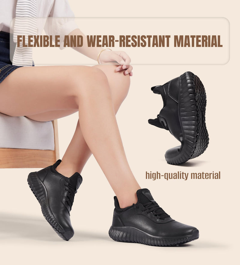 SHULOOK Non Slip Work Shoes for Women Food Service Water Resistant Sneakers Waterproof Kitchen Chef Restaurant Lace Up Walking Lightweight Comfortable Nursing Working Footwear 8 Black