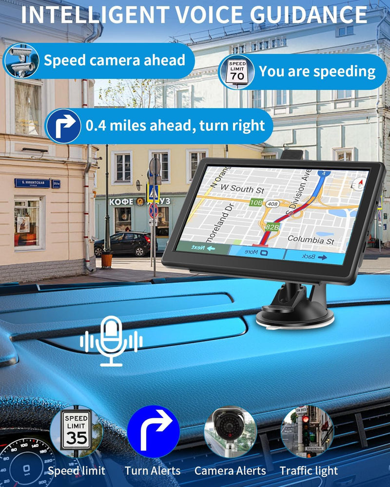 GPS Navigator for Car, 7 Inch Touchscreen, Free Lifetime Updates | Car GPS Navigation, 2026 Maps, Turn-by-Turn Voice Guidance, Speed & Red Light Warning, Truck and RV Routing Black