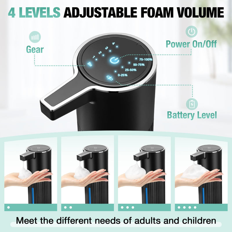 2 Pack Automatic Soap Dispenser: 14oz Plastic - Foaming Touchless 4 Level Adjustable Wall Mount Foam Black Rechargeable Electric Auto Smart Soap Dispenser Set - Bathroom Kitchen Hand Dish Lotion 2 Pack Black