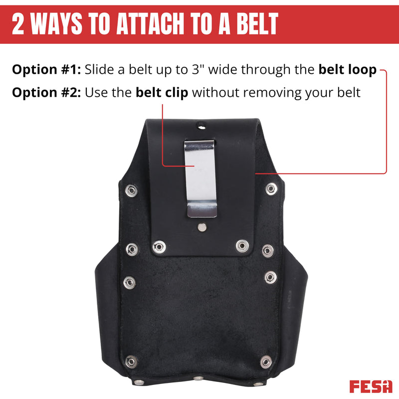 FESA Small Electrician's Tool Pouch - Leather 7-in-1 Small Tool Pouch with Steel Tape Measure or Drill Clip, Tape T-Chain & 5 Pockets - Clip On Any Belt - Handcrafted Black