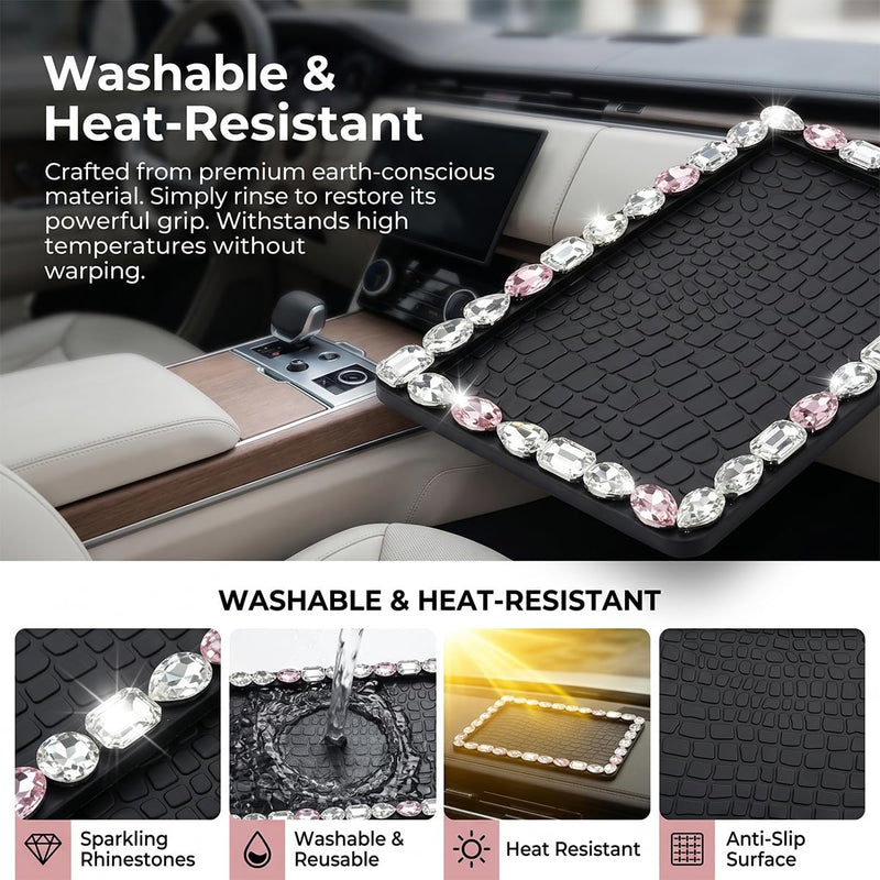 Craedli Bling Car Dashboard Anti-Slip Mat, Non-Slip Sticky Pad for Keys and Cell Phone, Rhinestone Vehicle Dash Decoration Accessories for SUV and Truck (White&Pink) White&Pink