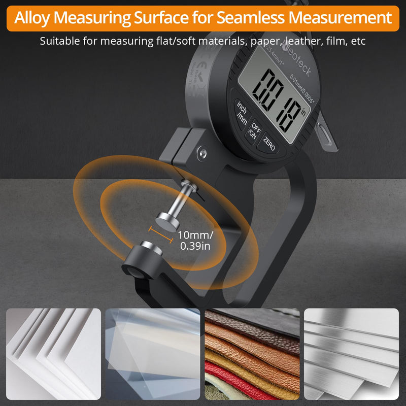 Neoteck Digital Thickness Gauge 1inch/25.4mm,0.0005inch/0.01mm LCD Display with Inch/MM Conversion One-Hand Quick Press Thickness Measuring Tool for Leather Paper Fabric Film etc.-Silver-Black 0-1"/0.0005" Silver-black