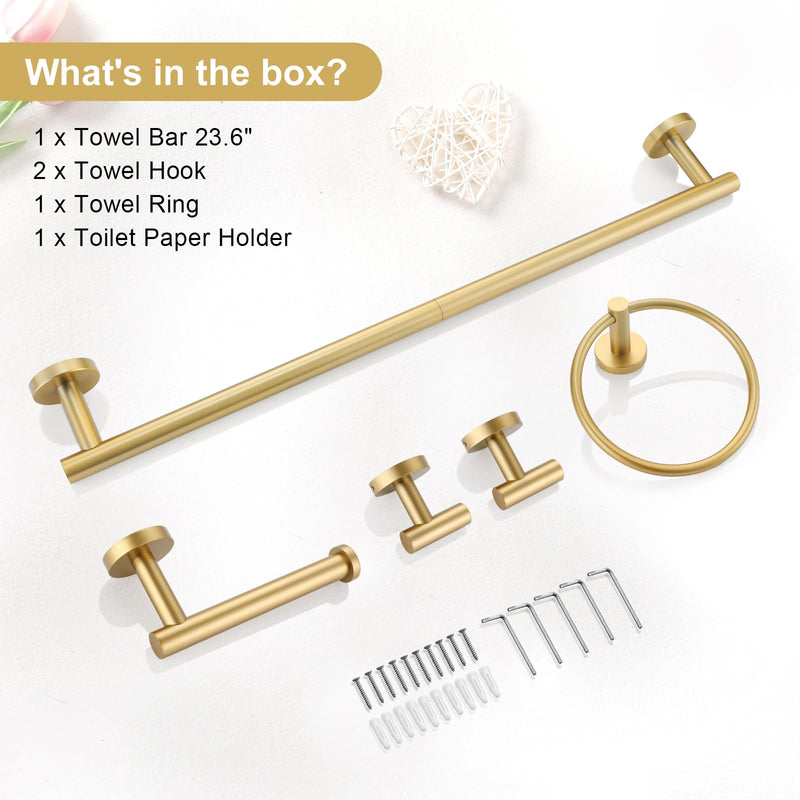 TQKAG 5 Piece Bathroom Accessories Set Brushed Gold Bathroom Hardware Set 23.6 Inch Bath Towel Bar Set SUS304 Stainless Steel Towel Rack Set 5-Pieces Set