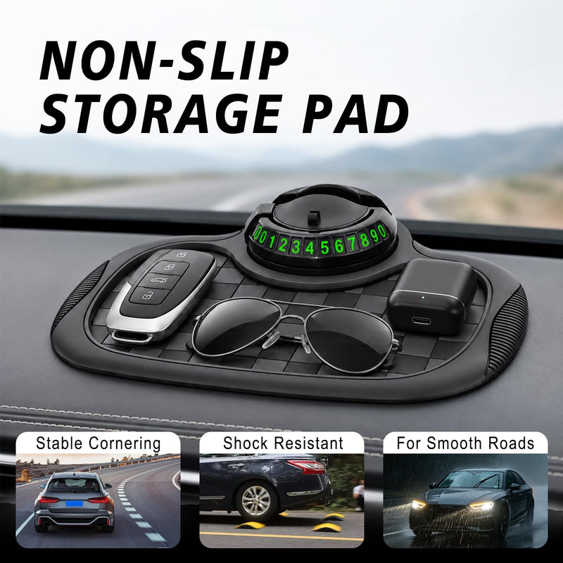 Multifunctional Car Anti Slip Mat, 360° Rotatable Phone Holder Dashboard Pad with Temporary Parking Number, Anti Skid Organizer for Phones Sunglasses Keys (Black & Gray) Black & Gray