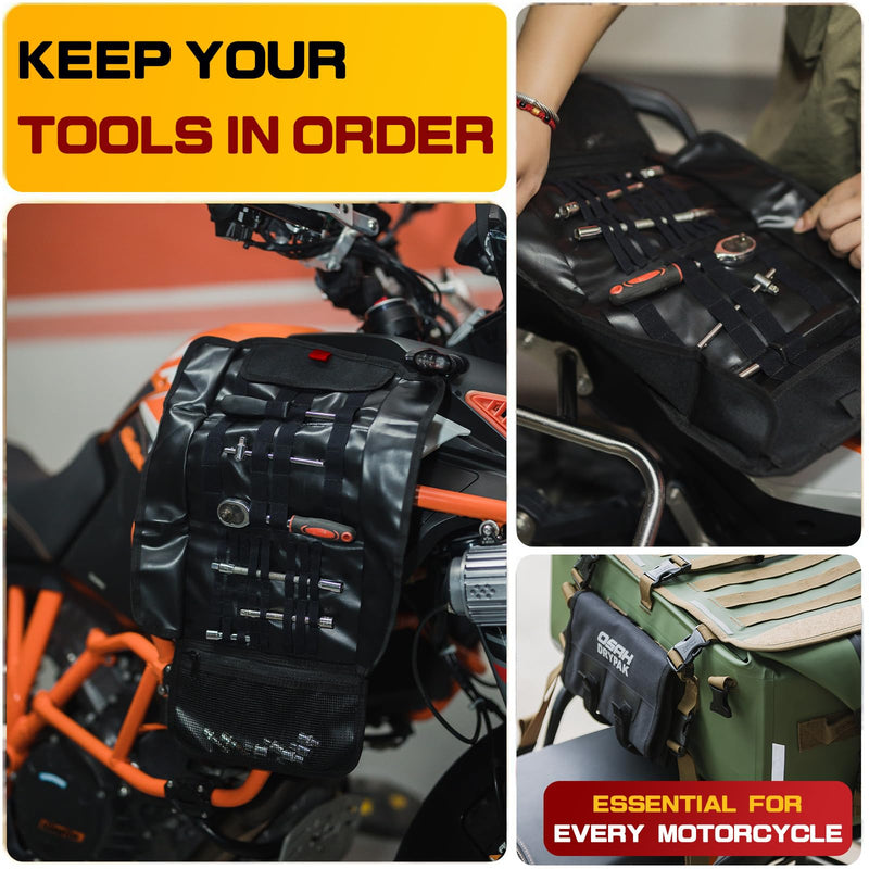 Motorcycle Tool Roll Bag - Roll-Up Tool Pouch Wrench Sturdy Organizer Handlebar Tool kit for Harley, Enduro, Dirt Bike, UTV, and Motorcycle Accessories Gear, Tools Not Included Black