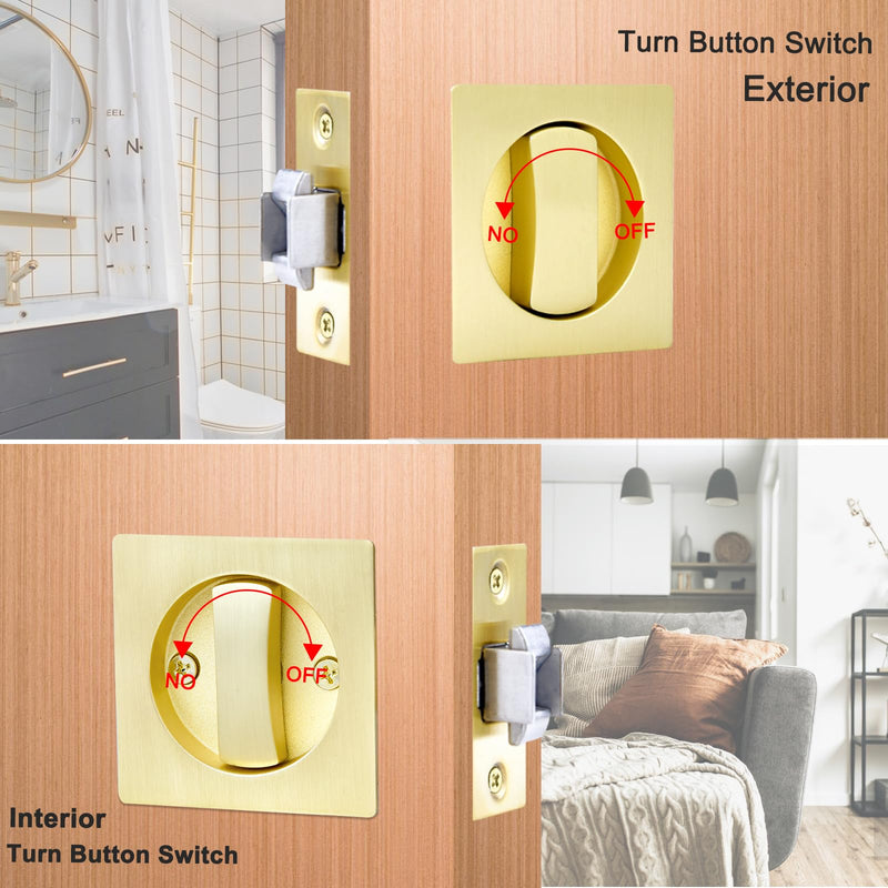 Dontay Pocket Door Passage Latches Lock,Flush Double Sided Rotation,Privacy (Bed/Bath) Latch,Large Lever,Hardware for 1 3/8" to 2 3/16" Sliding Door & Bathroom Doors (Satin Brass, Square - 1 Set) Satin Brass