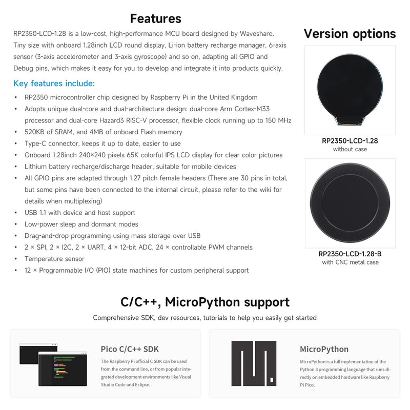 Waveshare RP2350 MCU Board, with 1.28inch Round LCD, Dual-core & Dual-Architecture Design, 240×240 Pixels, 65K Color, IPS Panel, with CNC Metal Case,no Touch