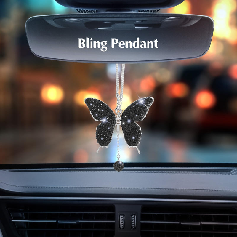 ARTILAURA 11 PCS Bling Car Accessories Set for Women Steering Wheel Covers Butterfly Hanging Seat Belt Cover Air Vent Clips Coasters Cute Glitter Diamond AUTO Accessories Kit (Black) Black