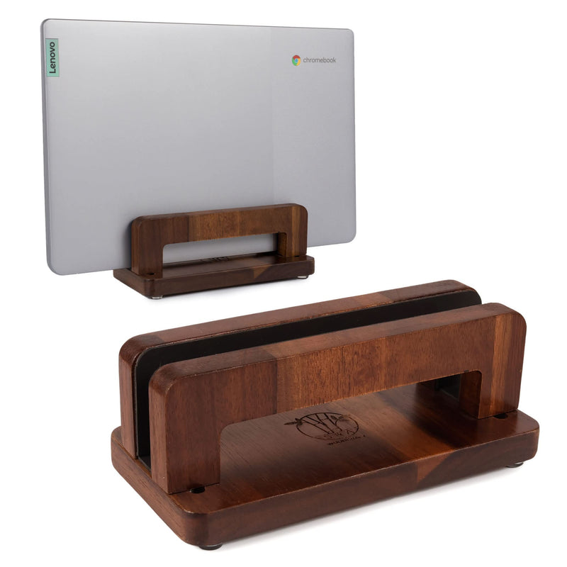 S&A WOODCRAFT Brown Acacia Wood Vertical Laptop Stand, Adjustable Wooden Laptop Holder, Non-Slip Laptop Dock Compatible with Apple MacBook, Microsoft Surface, Gaming Laptops, IPad, Tablets 1 Slot