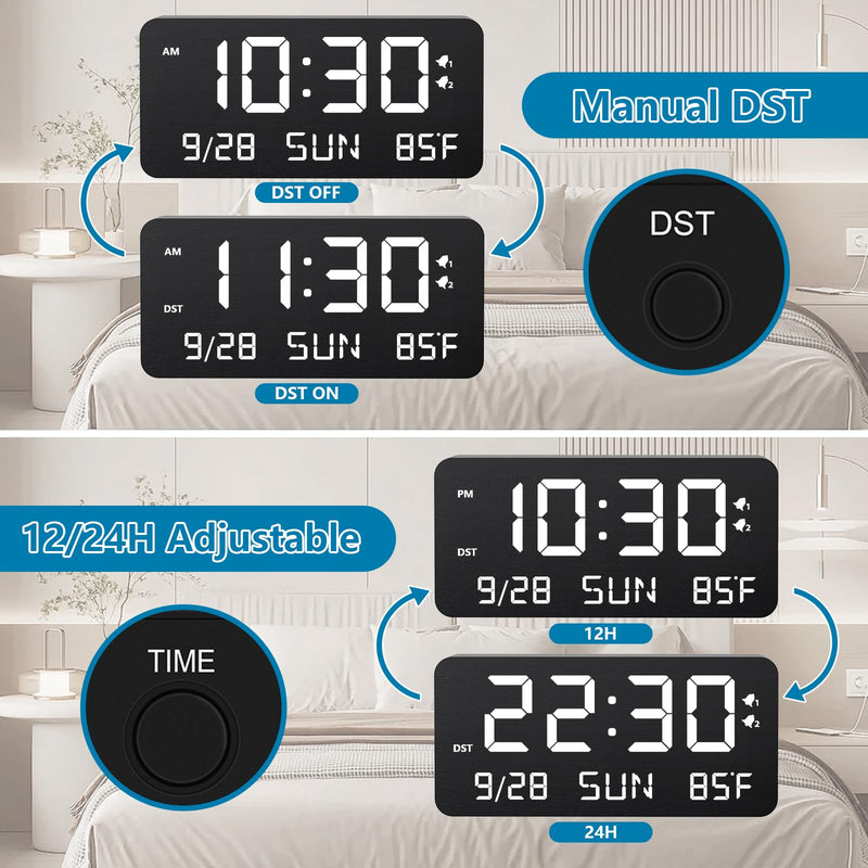 Wooden Digital Alarm Clock for Bedroom - Desk Clock with Date, Day of Week, Temperature, Dual Alarms, Dimmer, USB Port Charge, DST, Adjustable Volume for Living Room/Office Wood Decor (Black) Bl-rectangle