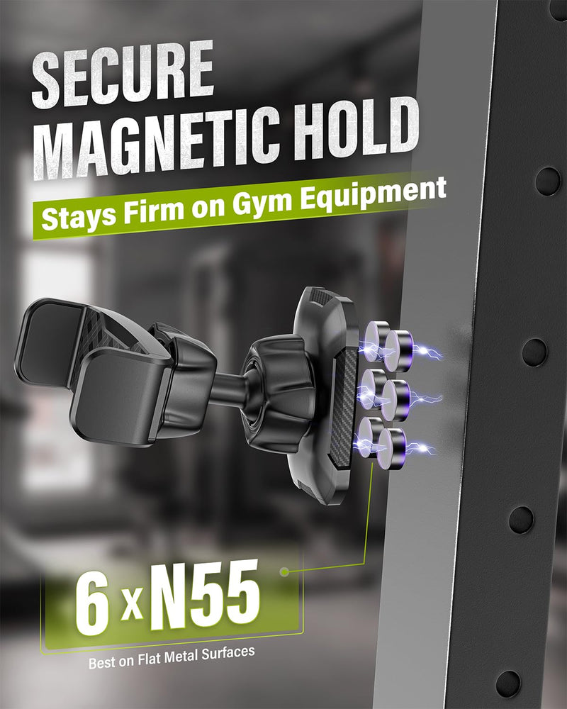 Magnetic Phone Holder for Gym, Strong Magnetic Mount, 360° Rotation | 6×N55 magnetic hold, attaches to metal surfaces, sweat-resistant build, compact design, ideal for workout recording