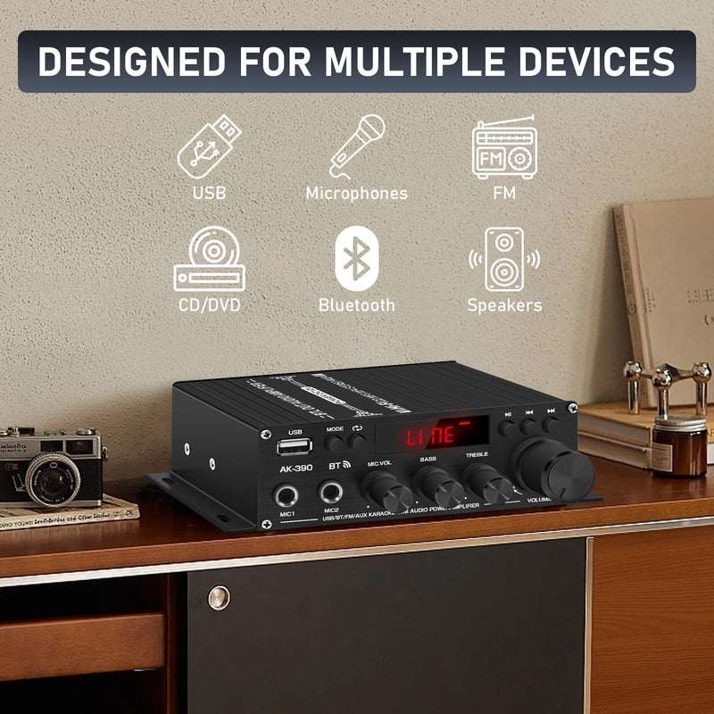 Stereo Amplifier Home Audio Receiver AK-390,AMP Speaker Bluetooth 5.0 Amplifier 400W+400W 2 Channels with 12V/5A Power Amplifier HiFi Amplifier FM Radio,(BT,USB, AUX, Mic)Input for Home Party